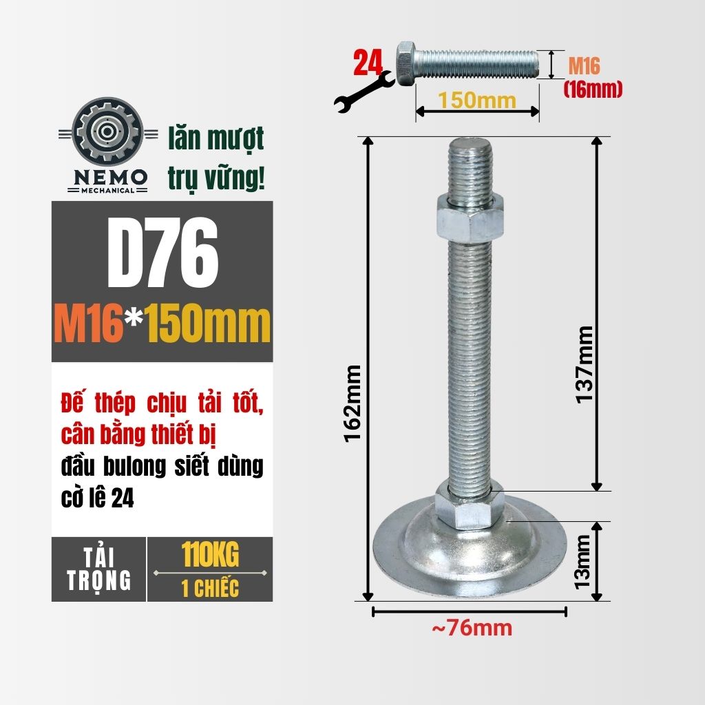 Chân Tăng Chỉnh Đế Thép Mạ Kẽm – Giải Pháp Cân Bằng Bàn Thao Tác & Băng Tải (M10, M12, M16)